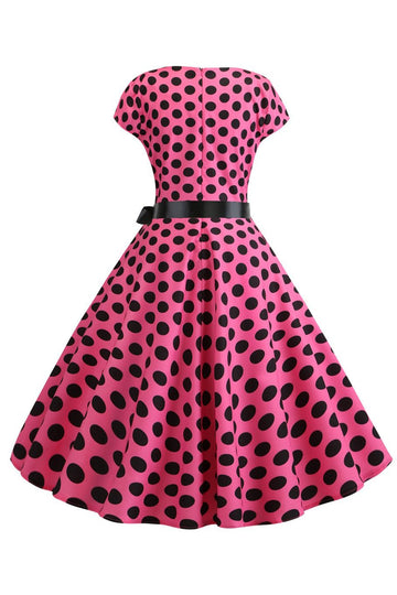 Pink Black Polka Dots Cap Sleeves 1950s Dress